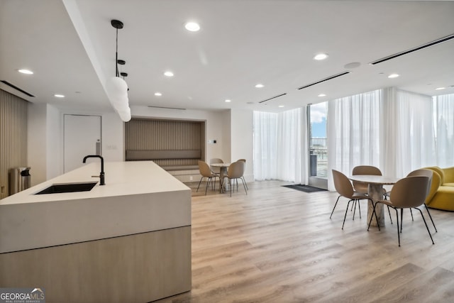 kitchen featuring light hardwood / wood-style flooring, sink, a center island with sink, and pendant lighting