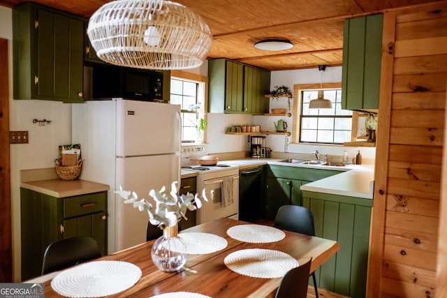 kitchen featuring wood ceiling, black appliances, a wealth of natural light, and green cabinetry