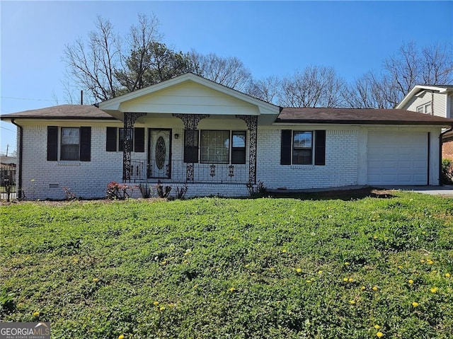 view of front of home featuring crawl space, covered porch, an attached garage, a front lawn, and brick siding