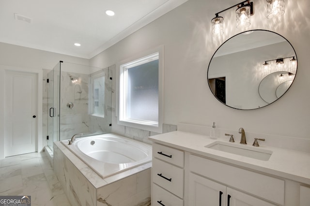 bathroom featuring vanity, independent shower and bath, and ornamental molding