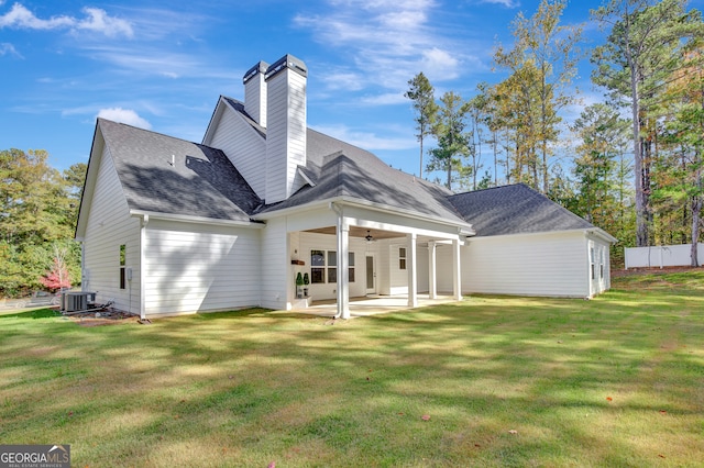 back of house with a yard, cooling unit, a patio, and ceiling fan