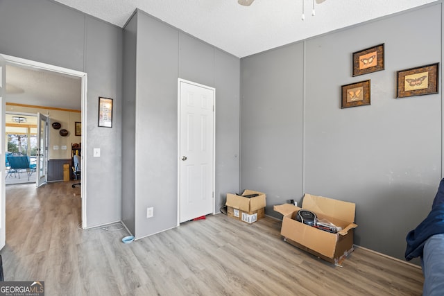 living area with light hardwood / wood-style floors, a textured ceiling, and ceiling fan