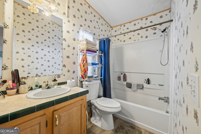 full bathroom with lofted ceiling, toilet, hardwood / wood-style floors, vanity, and shower / bathtub combination with curtain