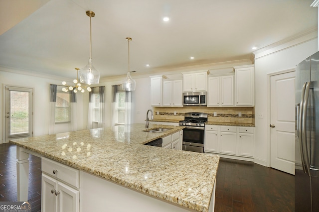 kitchen featuring hanging light fixtures, dark hardwood / wood-style flooring, a large island with sink, sink, and stainless steel appliances