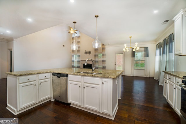 kitchen with sink, stainless steel appliances, pendant lighting, white cabinets, and dark wood-type flooring