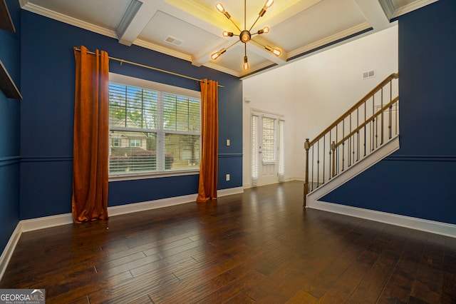 foyer featuring crown molding, beamed ceiling, and dark wood-type flooring