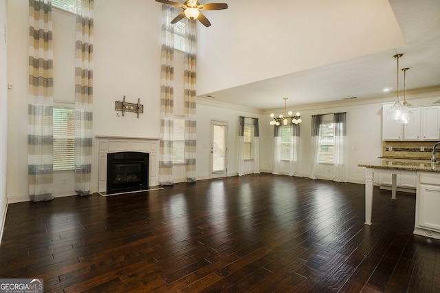 unfurnished living room with a towering ceiling, dark hardwood / wood-style flooring, and plenty of natural light