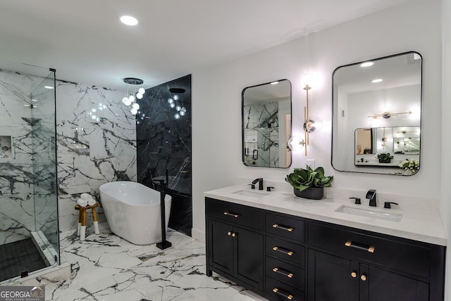 bathroom with vanity, shower with separate bathtub, and tile walls