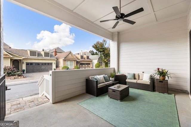 view of patio / terrace with ceiling fan and an outdoor hangout area