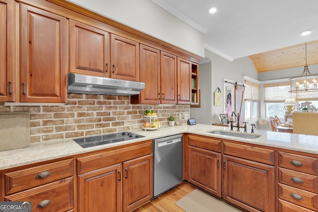 kitchen with dishwasher, a barn door, ventilation hood, backsplash, and black electric stovetop