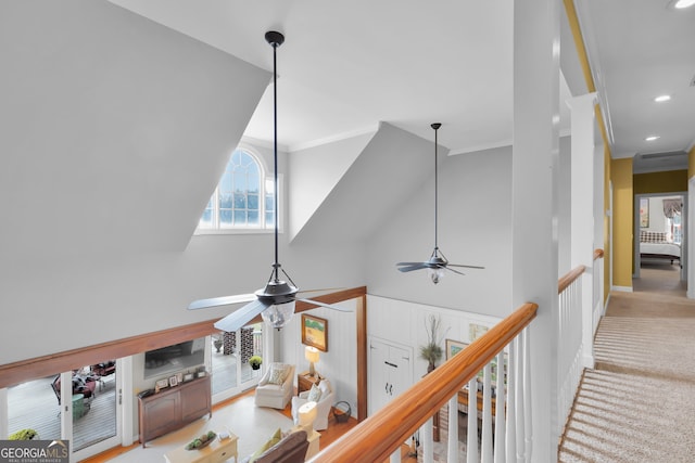 room details with ceiling fan, carpet floors, and crown molding