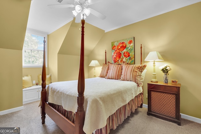 bedroom with light carpet, ornamental molding, ceiling fan, and lofted ceiling