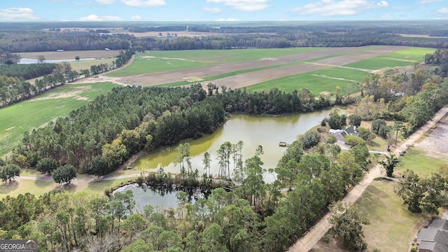 aerial view featuring a rural view and a water view