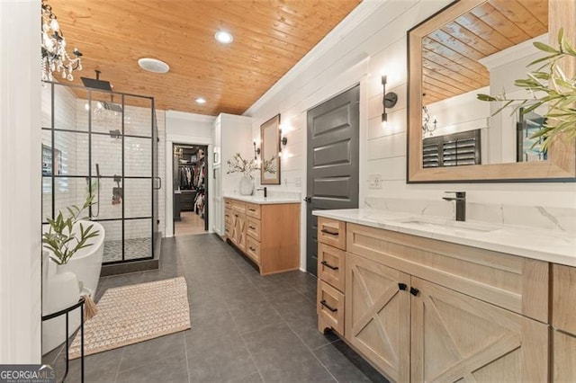 bathroom featuring vanity, ornamental molding, wooden ceiling, and walk in shower