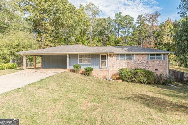 6275 S Skyline Dr, Douglasville, GA 30135 - ranch-style home featuring concrete driveway, brick siding, fence, and a front lawn