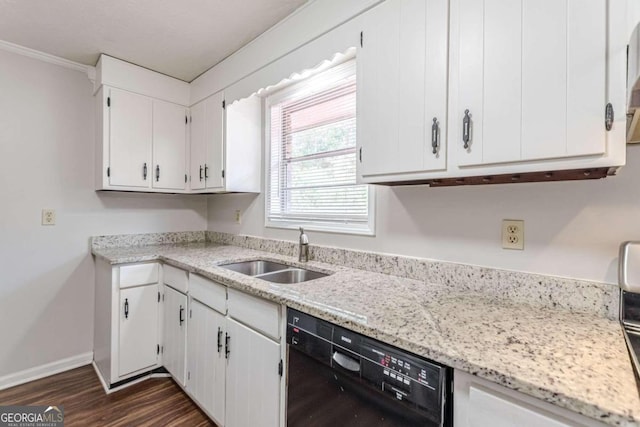 6275 S Skyline Dr, Douglasville, GA 30135 - kitchen with light stone countertops, a sink, dark wood-style floors, black dishwasher, and white cabinetry