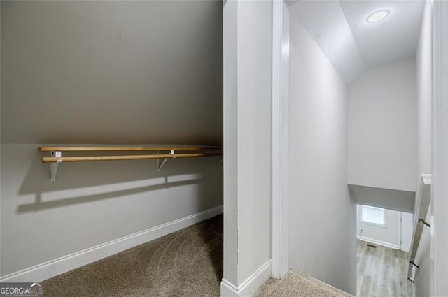 spacious closet featuring lofted ceiling and light colored carpet