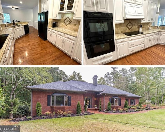 kitchen with premium range hood, white cabinets, black appliances, sink, and light wood-type flooring