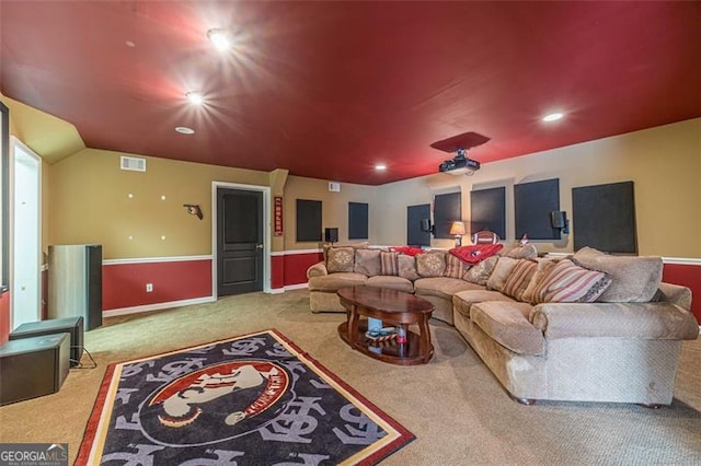 home theater room with carpet floors