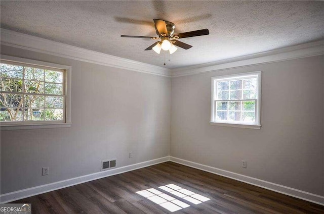 empty room featuring a textured ceiling, dark wood-type flooring, and plenty of natural light