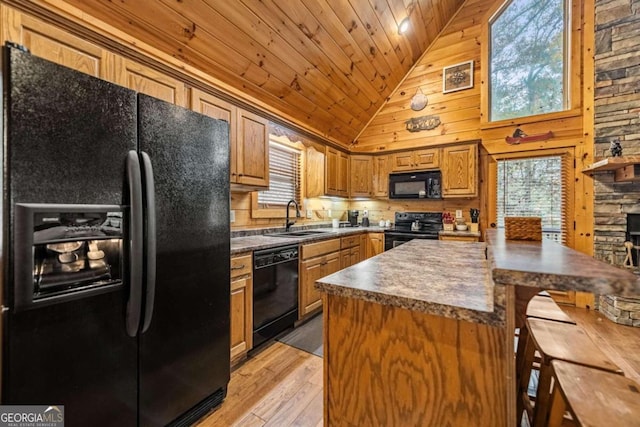 kitchen with sink, high vaulted ceiling, light hardwood / wood-style flooring, wooden ceiling, and black appliances