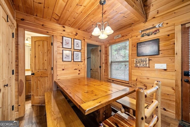 dining space featuring wood ceiling, wooden walls, dark hardwood / wood-style flooring, and a chandelier