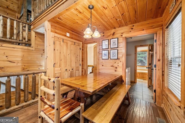 dining area with dark hardwood / wood-style flooring, wood ceiling, and wood walls