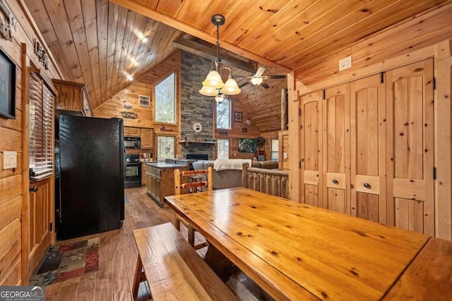 dining room with dark wood-type flooring, wood ceiling, high vaulted ceiling, wooden walls, and beam ceiling