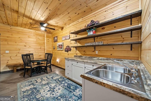 kitchen with sink, wood walls, white cabinetry, wood ceiling, and dark hardwood / wood-style flooring