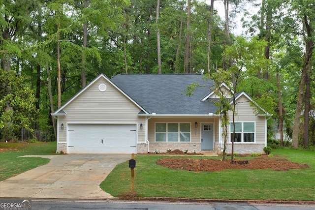 ranch-style house featuring a front yard, covered porch, and a garage