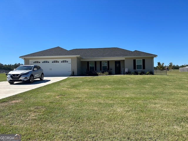 single story home with a front yard and a garage