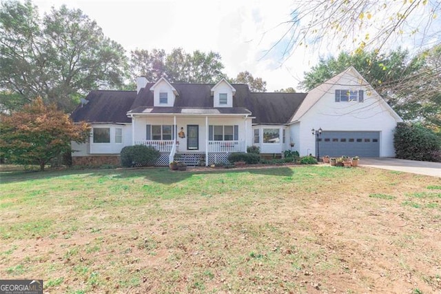 cape cod-style house featuring a garage, a front yard, and covered porch