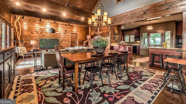 dining space featuring wood ceiling, wooden walls, a notable chandelier, and dark hardwood / wood-style flooring