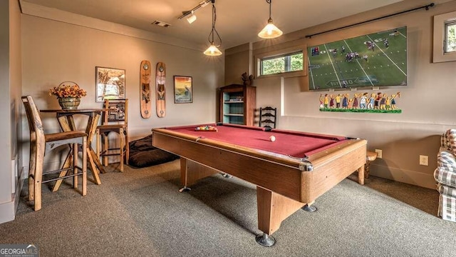 game room featuring carpet flooring, billiards, and track lighting