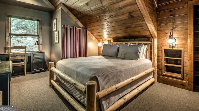 carpeted bedroom with wood ceiling and lofted ceiling