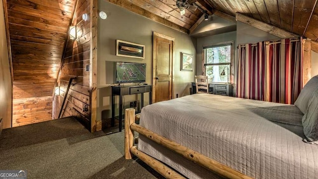 carpeted bedroom with lofted ceiling with beams, wooden walls, and wooden ceiling