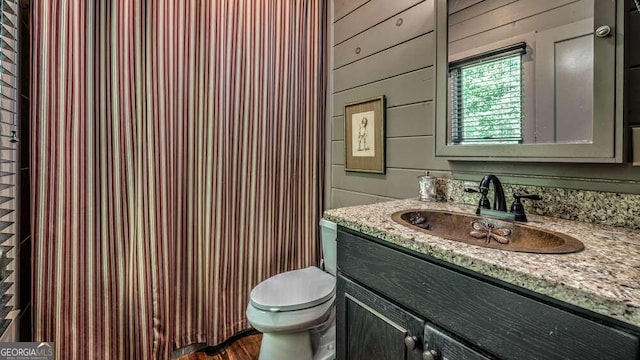 bathroom with vanity, toilet, and wooden walls