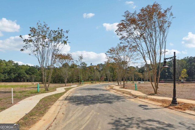 view of street featuring a forest view, sidewalks, curbs, and street lighting