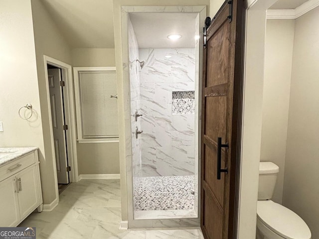 bathroom with vanity, toilet, and a tile shower