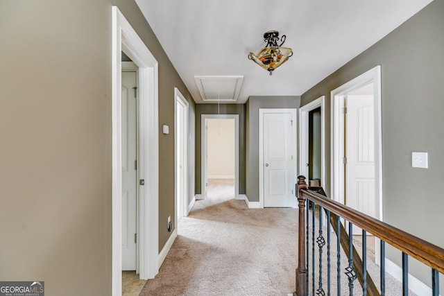 hall featuring light colored carpet