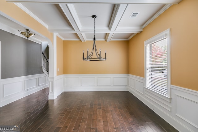 unfurnished dining area with crown molding, coffered ceiling, beamed ceiling, and dark hardwood / wood-style floors