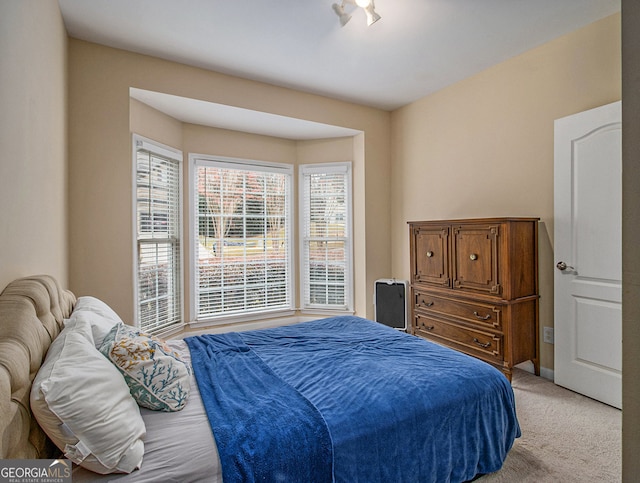 bedroom with light carpet