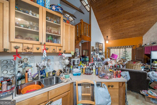 kitchen with wooden ceiling, sink, and vaulted ceiling