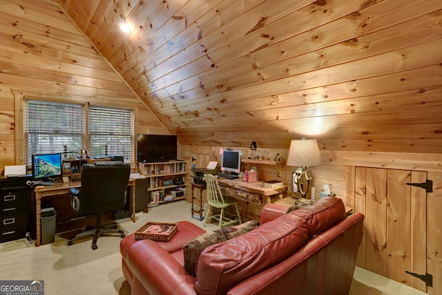 carpeted office space featuring wooden walls, wooden ceiling, and vaulted ceiling