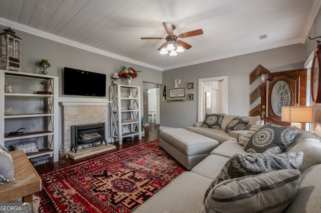 living room with ceiling fan, crown molding, wood ceiling, and hardwood / wood-style floors