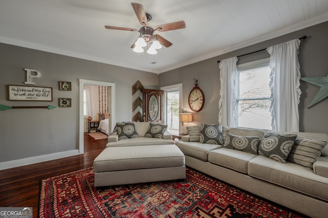 living room featuring ornamental molding, ceiling fan, and dark hardwood / wood-style flooring