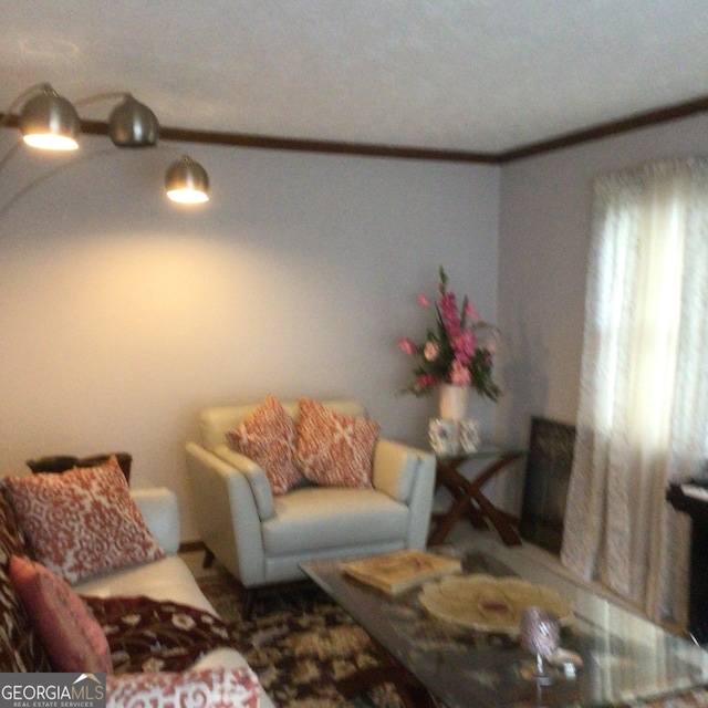 living room with ornamental molding