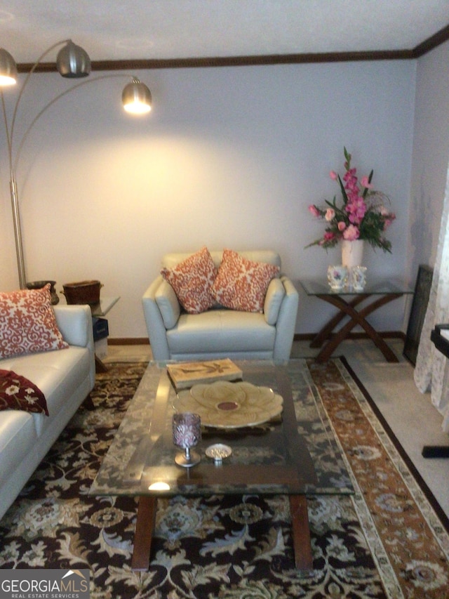 living room with ornamental molding