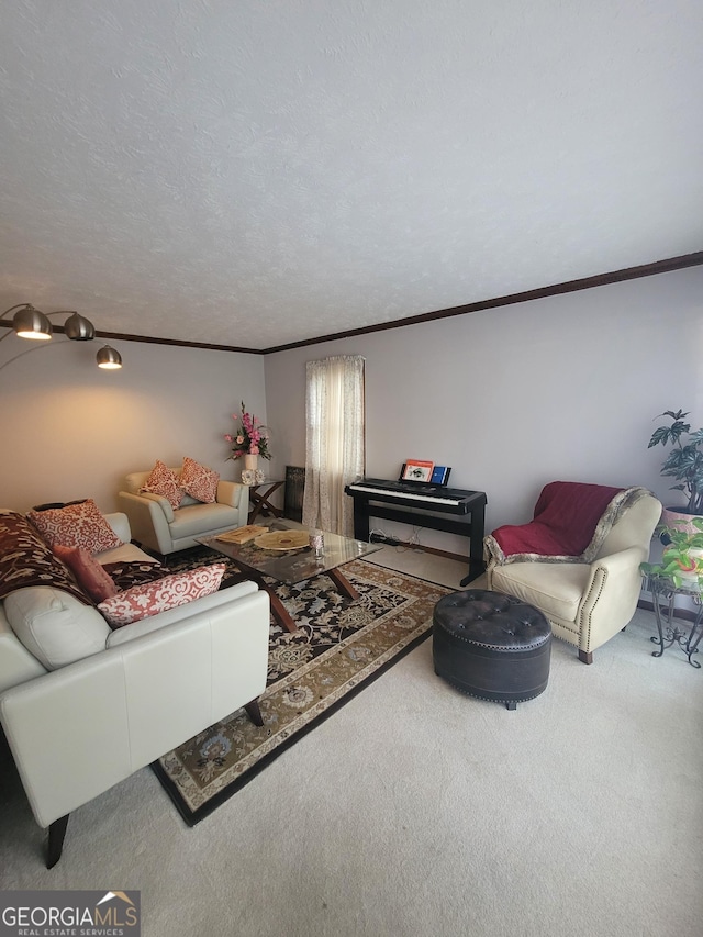 carpeted living room featuring a textured ceiling and ornamental molding