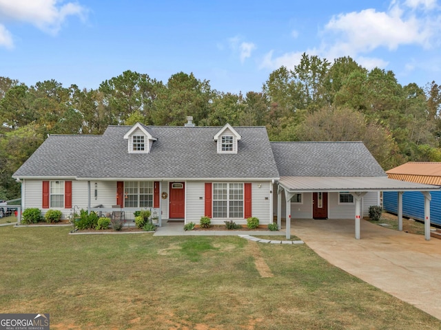 cape cod-style house featuring a front yard, covered porch, and a carport